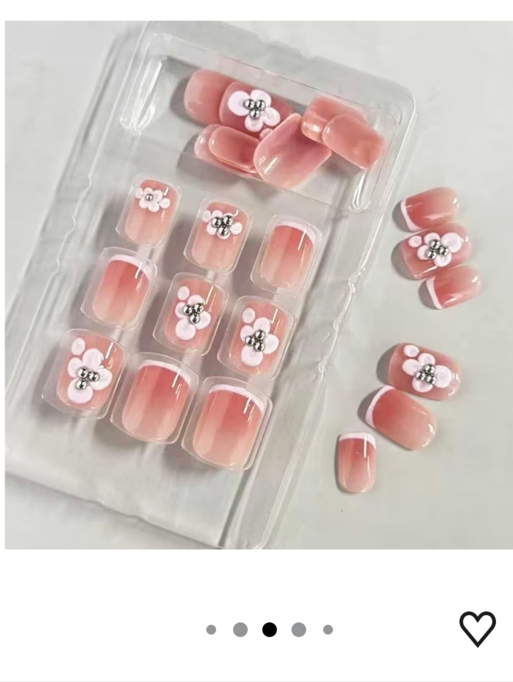 Pink Glossy Short Square Press-On Nails with 3D Flower Accents - Picture 3 of 5